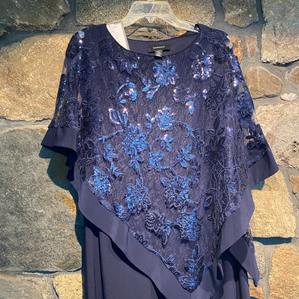 R&M Richards Sequined Navy full Length Special Occasion Gown Size 14